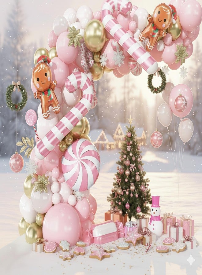 Froova Pink Christmas Balloon Arch Kit, Pastel Baby Pink White Gold Christmas Balloons with Gingerbread Man Candy Cane Swirl Lollipop Foil Balloon for Xmas Birthday Baby Shower Party Decorations - Image 5